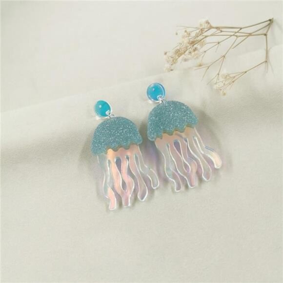 Blue Jellyfish Earrings | Long Tassel Dangle Acrylic Drop Earrings for Women - Picture 3 of 5